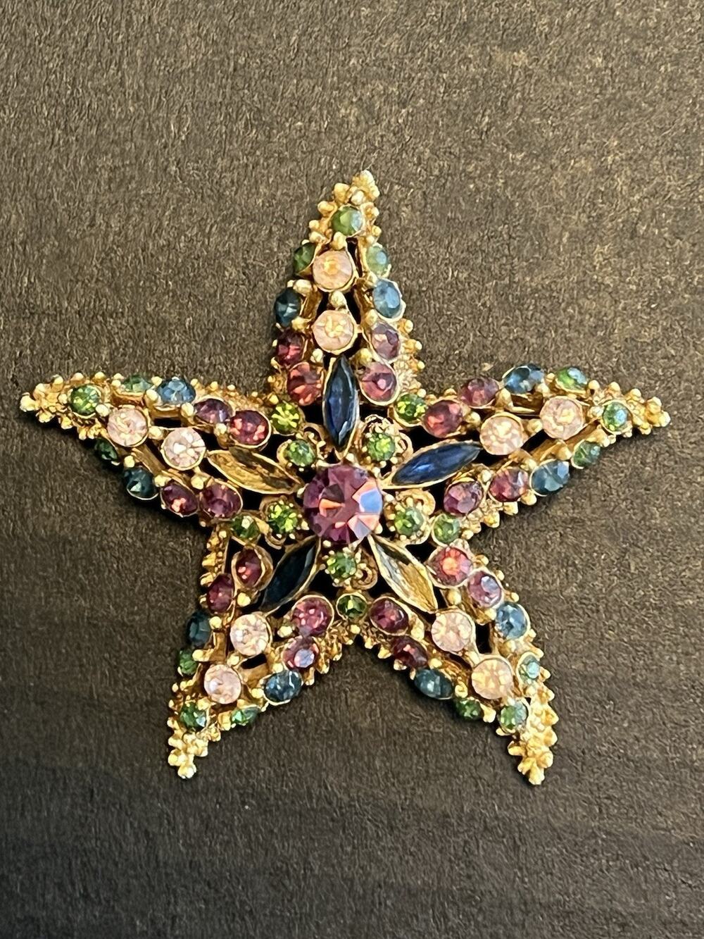 Vintage Signed FLORENZA Starfish Brooch Purple Blue Green MISSING 2 STONES